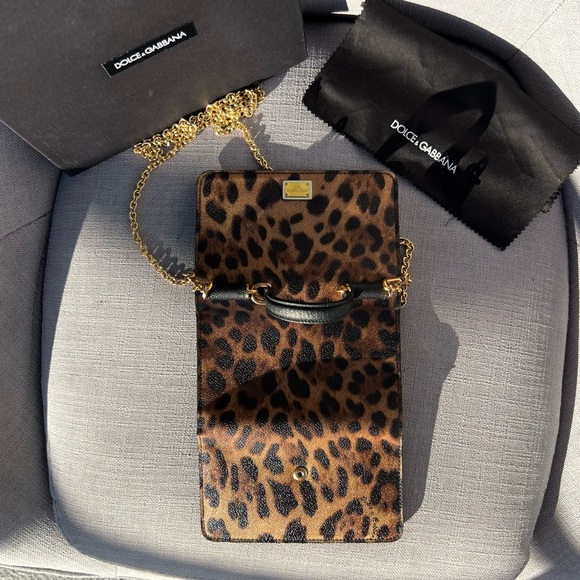 DOLCE GABBANA Dauphine Leopard Print Mini Miss Sicily Chain Wallet Brown Black - Picture 8 of 11